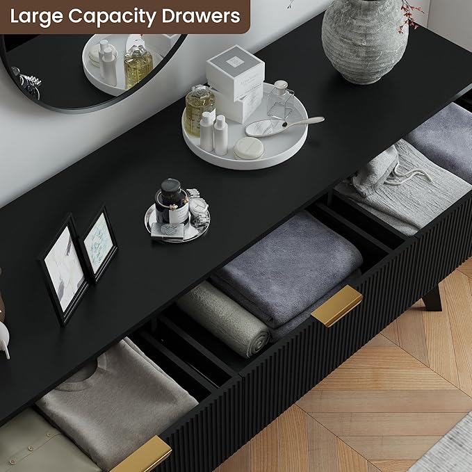 Fluted Dresser for Bedroom,59'' Modern Wooden Dresser with 9 Drawers, Bedroom Dressers, Natural Wood Chest of Drawers for Living Room, Hallway (Black)