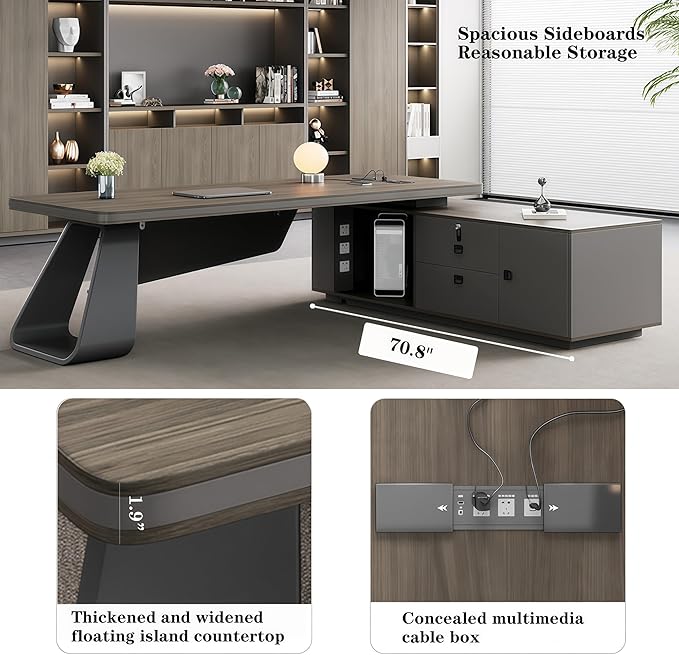 L Shaped Executive Desk, 141.7 inch Large Executive Computer Desk Set Drawers and Lockable, Power Socket and USB Port Storage, Without Display Racks and Bookshelves