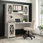 Bush Furniture Lennox 60W Farmhouse Desk with Hutch and Storage Cabinet in Linen White Oak | Computer Table for Home Office
