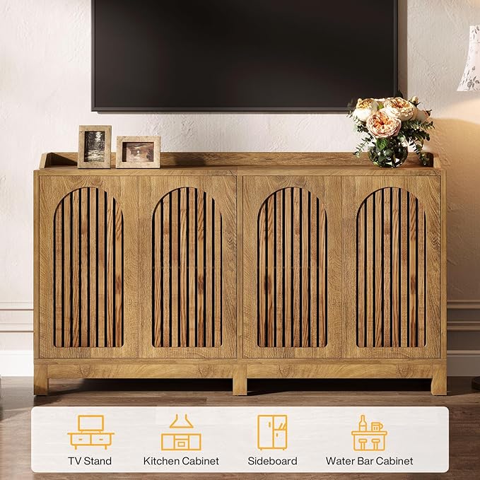 Tribesigns 57" Buffet Cabinet with Storage, Long Sideboard Cabinet with Doors & Adjustable Shelves, Wood Accent Sideboard for Dining Room, Living Room, Kitchen, Light Walnut Brown