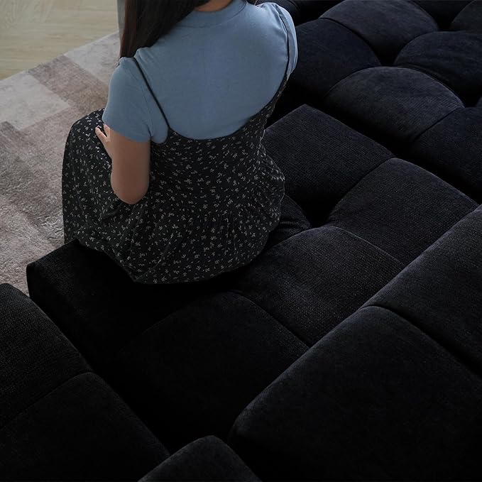 WJShome 119" L Shaped Sectional Couch,Modern Modular Sofa with Ottoman,Linen Deep Loveseat with Pillows Couches for Living Room, Bedroom and Apartment,Black