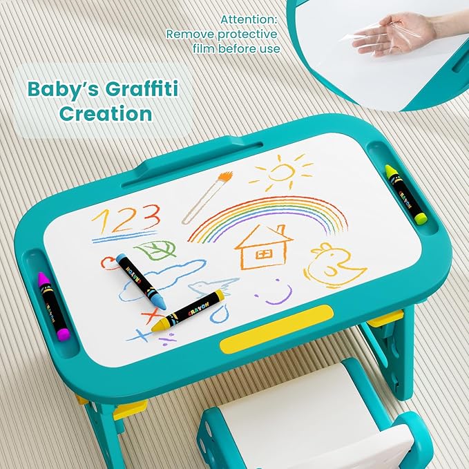 INFANS Kids Adjustable Table & Chair Set with Drawing Board for 3+, Toddler Activity Desk for Drawing with Storage Shelf, Non-Slip Pads, Watercolor Pens & Eraser, Indoor Art/Study Furniture (Green)