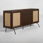 NTC MOSSIC Large Sideboard with 2 Doors and 3 Drawers, Buffet Cabinet with Natural Rattan and Metal Legs, Modern Storage Cabinet for Living Room, and Hallway, Effortless Assembly - Dark Walnut