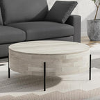 SIMPLIHOME Rayburn Drum Coffee Table - 38 inch Wide Solid Mango Wood Round Living Room Table in White Wash, Modern Urban Center Table for Family Room with Black Metal Legs and Large Surface