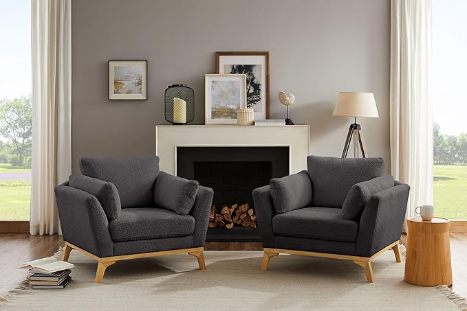 VANOMi Large-Sized Accent Chair, Thick Cushion Bedroom Reading Chair, Comfortable Living Room Single Sofa， Boucle Dark Gray