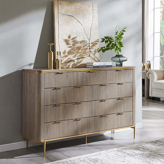 T4TREAM Fluted 9 Drawers Dresser for Bedroom, 54" Wide Modern Dresser TV Stand, Gold Accents, Curved Profile, Wood Storage Dressers Organizer for Bedroom, Living Room, Alder Grey