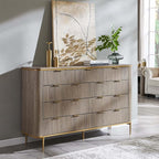 T4TREAM Fluted 9 Drawers Dresser for Bedroom, 54" Wide Modern Dresser TV Stand, Gold Accents, Curved Profile, Wood Storage Dressers Organizer for Bedroom, Living Room, Alder Grey