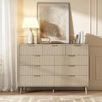 CARPETNAL Fluted 9 Drawer Dresser for Bedroom, 55" Wide Wooden Chest of Drawers with Rounded Corners, Gold Handles, Modern Storage Organizer for Bedroom, Hallway (Beige)