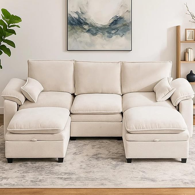 100" L Shaped Modular Sectional Sofa, Couch with Ottoman Storage, Chenille Cloud Couch with Plush Deep Seating for Living Room, Bedroom (Beige, 4 Seat)