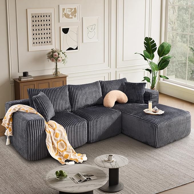 102" Modern Modular Sectional Sofa,Cloud Sectional Couch with Chaise,Deep Seat Boneless Sofa,Comfy Upholstered L-Shape Couch for Living Room,No Assembly Required,Grey