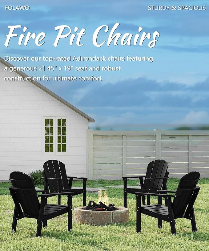 Adirondack Chair Set of 2, All Weather HDPE Fire Pit Chairs, Oversized Plastic Adirondack Chair for Outdoor, Balcony, Deck, Backyard, Patio, Garden, Poolside, Lawn Black
