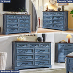 ACCOHOHO Farmhouse 9 Drawer Dresser for Bedroom, 36 Inch Tall Modern Dresser TV Stand with Large Drawers & Bar Handles, Rustic Wood Chest of Drawers for Bedroom, Living Room, Hallway, Blue