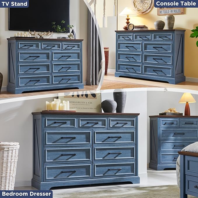 ACCOHOHO Farmhouse 9 Drawer Dresser for Bedroom, 36 Inch Tall Modern Dresser TV Stand with Large Drawers & Bar Handles, Rustic Wood Chest of Drawers for Bedroom, Living Room, Hallway, Blue