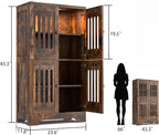 PARTPHONER Bathroom Floor Storage Cabinet with Cabinet Lights, Modern Storage Cabinet with 4 Doors and Adjustable Shelves, Buffer Hinges, Brown Pantry Cabinet for Living Room & Kitchen