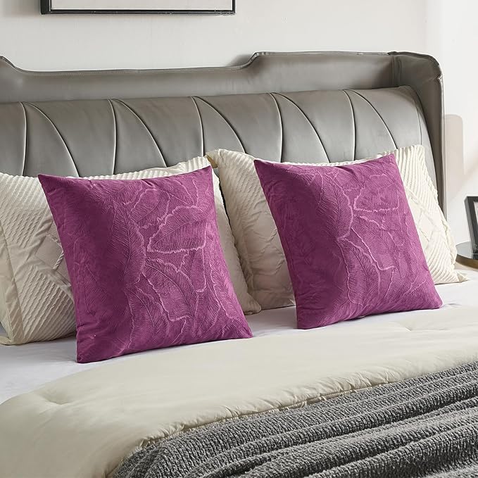 FUTEI Purple Velvet Throw Pillow Covers 20x20 Inch Set of 2,Soft Embossed Leaf-Relief Textured Cushion Cases,Natural Home Decor for Couch Living Room
