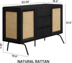 NTC MOSSIC Sideboard with 2 Doors and 3 Drawers, Buffet Cabinet with Natural Rattan and Metal Legs, Modern Storage Cabinet for Living Room, and Hallway, Effortless Assembly - Burnt Black