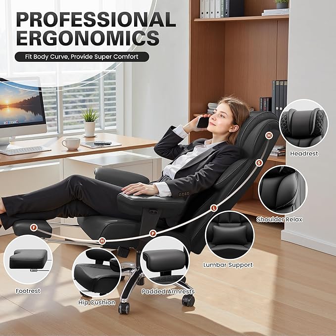 Office Desk Chair, Big and Tall Leather Gaming Chair with Footrest, Wide Ergonomic Comfy Executive High-Back Reclining Computer Chairs, Swivel Rolling Wheels and Lumbar Support, Matte Black