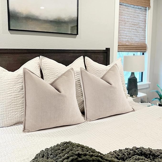 ZWJD Beige Pillow Covers 18x18 Inch Set of 2 Chenille Throw Pillow Covers with Elegant Design Soft and Luxurious Decorative Throw Pillows for Couch, Bed, and Home Decor(Beige)