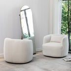 KINWELL 34" Wide Boucle Swivel Barrel Chairs Set of 2, No Assembly Round Upholstered Armchairs Accent Chairs Single Sofa Chair with Toss Pillow for Living Room and Bedroom, Beige