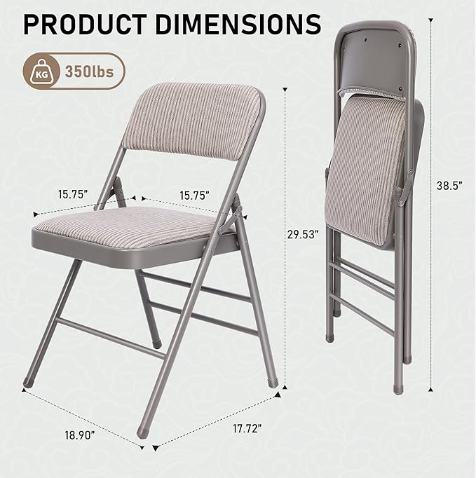 SEALAMB 4 Pack Fabric Folding Chairs with Padded Seats & Cushion, Metal Foldable Chairs for Wedding Party, Commercial Chairs for Office School Church Events, 350lb Capacity (Gary-Fabric, 4 Pack)