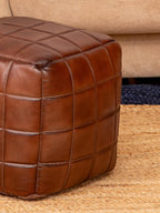 Handmade Eco-Friendly Geometric Leather Pouf Brown Color Square 14" x 14" x 14" Leather Pouf for Living Room, Bedroom Seating, Patio