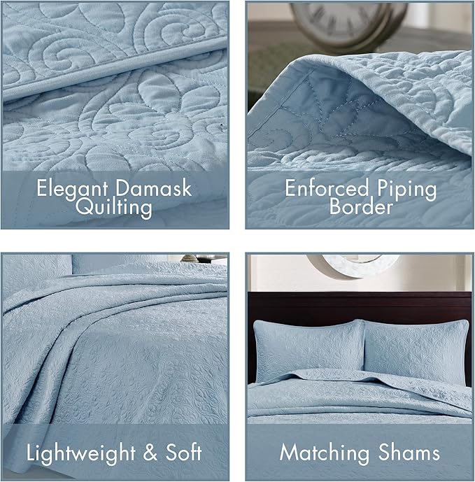 Madison Park Quebec Reversible Quilt Set Damask Design, Double Sided Stitching All Season, Lightweight Bedspread Bedding Set, Matching Sham, Blue, King(120"x118") 3 Piece
