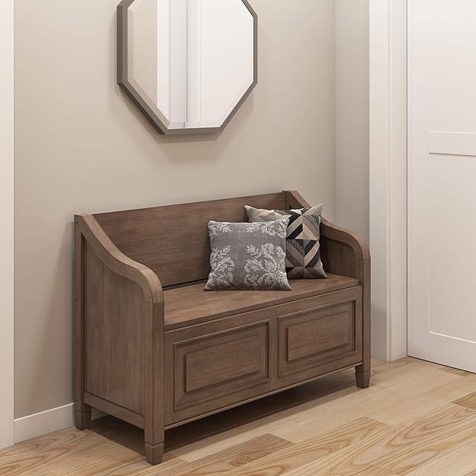 SIMPLIHOME Connaught Entryway Storage Bench - 42 inch Wide Solid Wood Storage Seat in Rustic Natural Aged Brown, Traditional Bench for Entryway or Mudroom with Lift-Up Lid and Elegant Moulding Detail