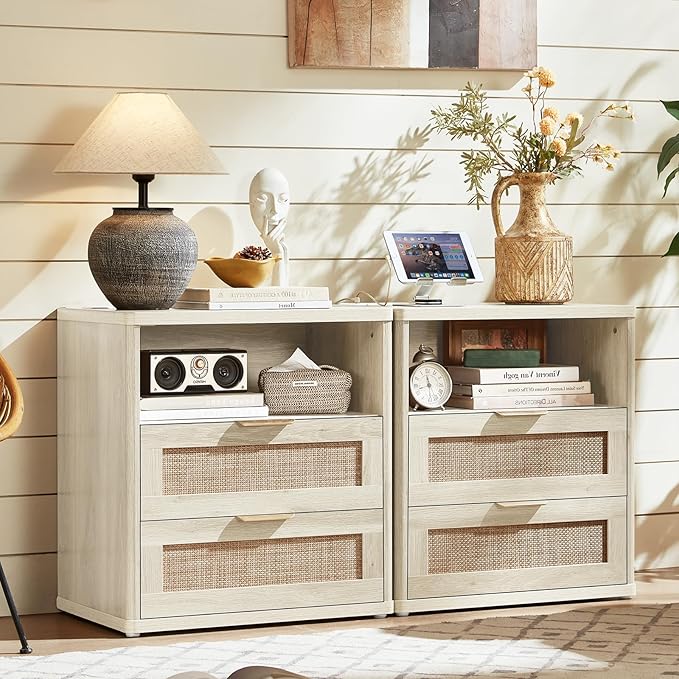 LEYAOYAO Rattan Nightstands with Charger Station, 23" Wide Boho Night Stand with 2 Drawers, Grey White Bedside Table Open Shlef, Bed Side End Table Dresser for Bedroom, Living Room Hallway