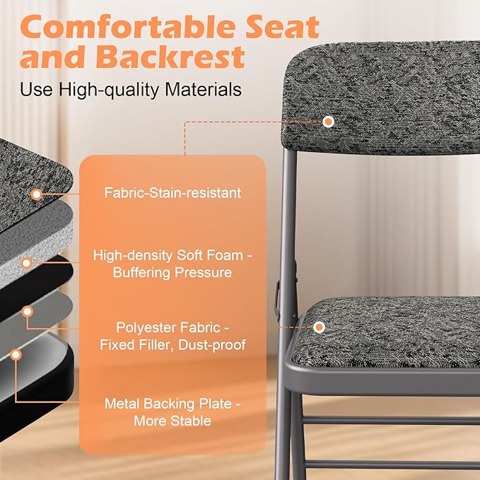 Commercial Grade Folding Chair with Padded Fabric Cushion（16"X16" |Double-hinged Legs Luxury Style|4.5kg Capacity Max Weight 150Kg for Home and Office,Indoor and Outdoor Events (4, Fabric-Grey)