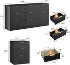 3-Piece Modern Bedroom Furniture Set, Wide 9-Drawer Dresser & 3-Drawer Nightstands Set of 2, Natural Wood Dresser and Nightstand Sets for Bedroom, Hallway, Black