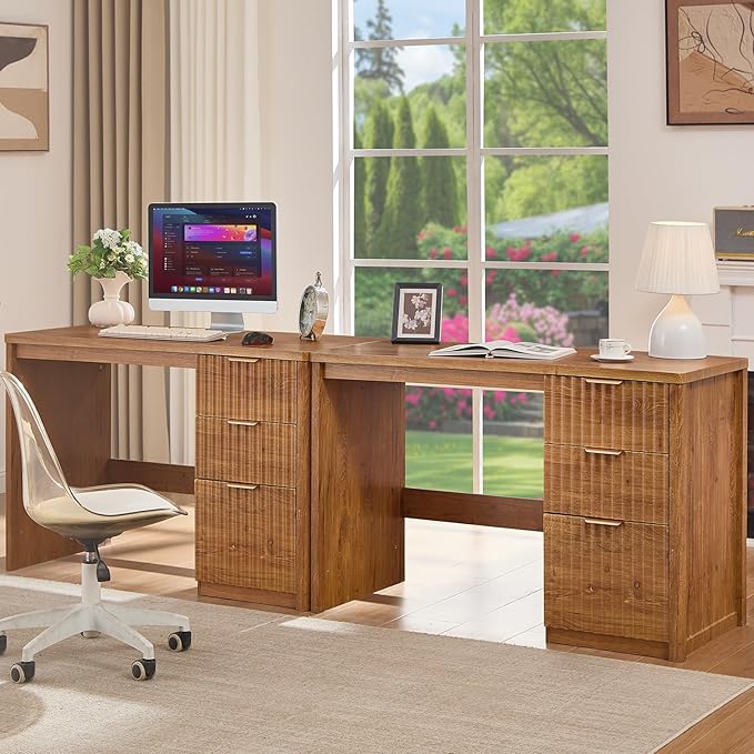 48" Modern Fluted Home Office Desk with Storage Cabinet, Brown Wood Executive Desk with File Drawer & Metal Handles, Large Computer Writing Table for Office,Study, Living Room, Bedroom