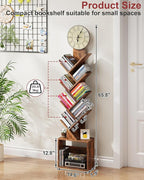 7 Tier Tree Bookshelf with Clock and Storage Cabinet, Small Narrow Floor Standing Bookcase for Bedroom, Living Room, Home Office, Dark Brown