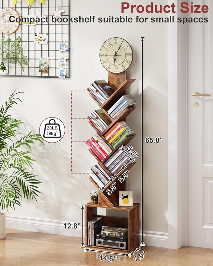 7 Tier Tree Bookshelf with Clock and Storage Cabinet, Small Narrow Floor Standing Bookcase for Bedroom, Living Room, Home Office, Dark Brown