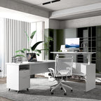 70" W L‑Shaped Executive Standing Desk with Storage Cabinet, Electric Corner Height Adjustable Workstation for Dual Screens, Printer, and Office Essentials