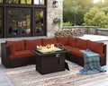 NICESOUL 7 Piece Modular Outdoor Furniture Set with Firepit Natural Gas&Propane, 29.3'' High Back L-Shaped 6-Seater Patio Wicker Sectional Sofa Couch Sets for Tall People, Brown Rattan and Red Cushion