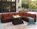 NICESOUL 7 Piece Modular Outdoor Furniture Set with Firepit Natural Gas&Propane, 29.3'' High Back L-Shaped 6-Seater Patio Wicker Sectional Sofa Couch Sets for Tall People, Brown Rattan and Red Cushion