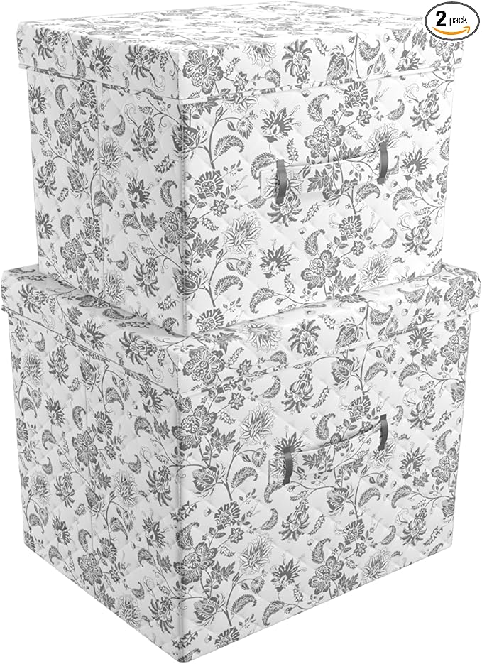 Martha Stewart Essential Collapsible Stackable Decorative Home Storage Organization With Lidded Tops, Set of 2 Nesting Boxes with Lids, Bedford Floral