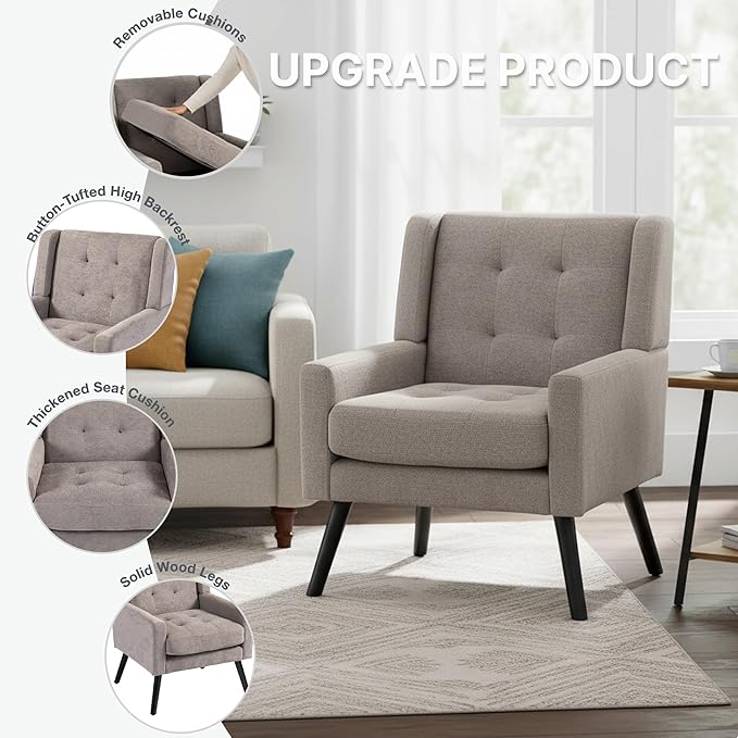 Mid-Century Modern Accent Chair, Plush Linen Fabric with Button Tufted High Back & 5" Thick Cushion, High Comfort Reading Chair for Living Room, Bedroom, Office (Light Gray)