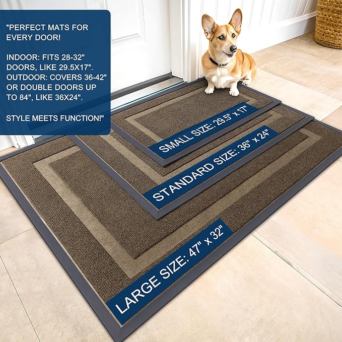 OLANLY Front Door Mat Indoor Outdoor Entrance, Waterproof All-Season, All-Weather Doormat, Sturdy Natural Rubber, Fade Resistant, Low Profile, Easy Clean Patio Porch Entryway Mat, 23.5x15.5, Brown