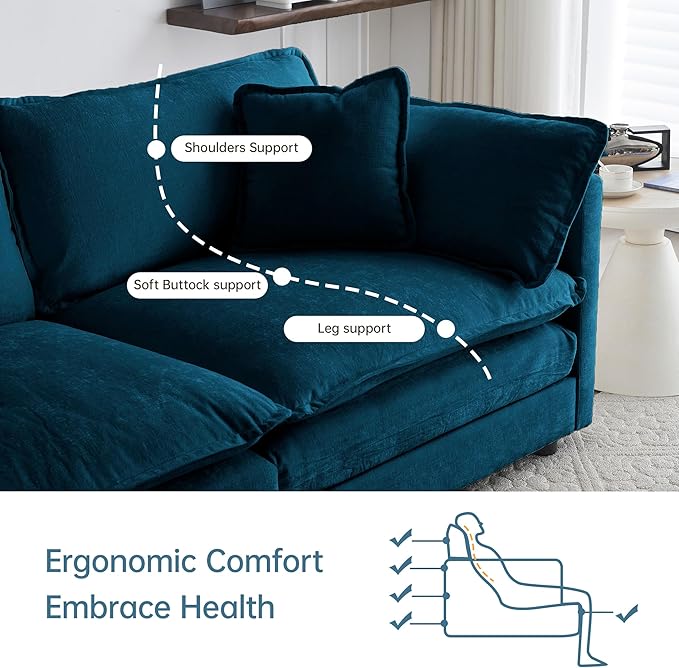 Modular Sectional Sofa, 146.5 Inch I-Shaped Cloud Sofa with Deep Seat Chenille Sofa with Cushions, Four Seater Sectional Sofa for Living Room Apartment,Blue