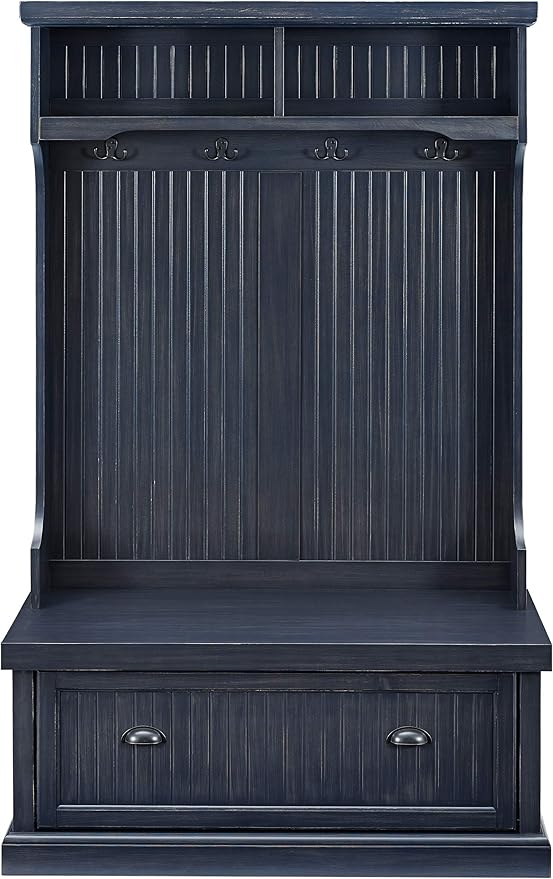 Crosley Furniture Seaside Hall Tree with Shoe Rack Bench and Coat Hooks for Hanging Storage, Distressed Navy