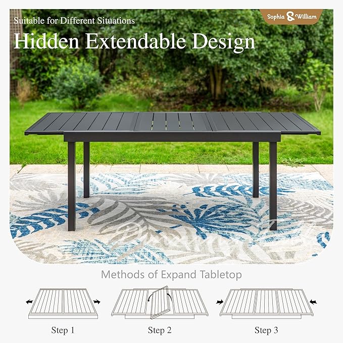 Sophia & William 9 Pieces Expandable Patio Dining Set, Extendable Rectangular Patio Table and Chairs Set for 8, Metal Outdoor Table and Rattan Chairs, All Weather Outdoor Dining Set