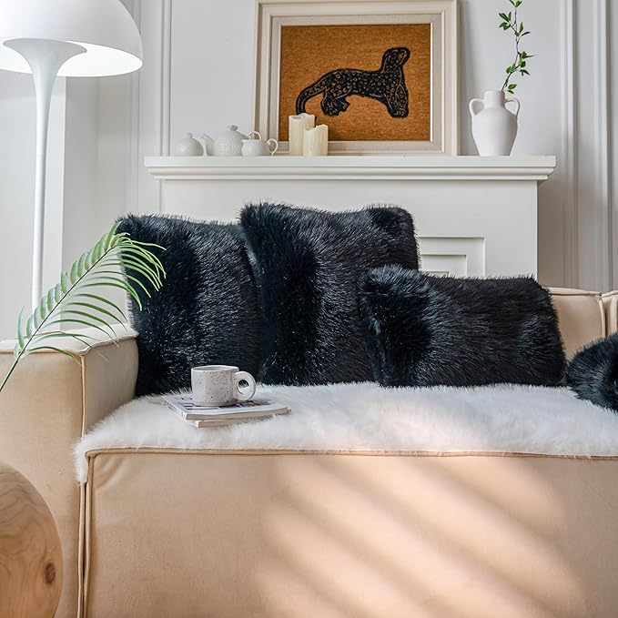 Neelvin Black Faux Fur Cozy Fluffy Double-Sided Decorative Throw Pillow Covers 12x20 inch Set of 2,Velvet Pillowcase Cushion Case for Sofa Couch