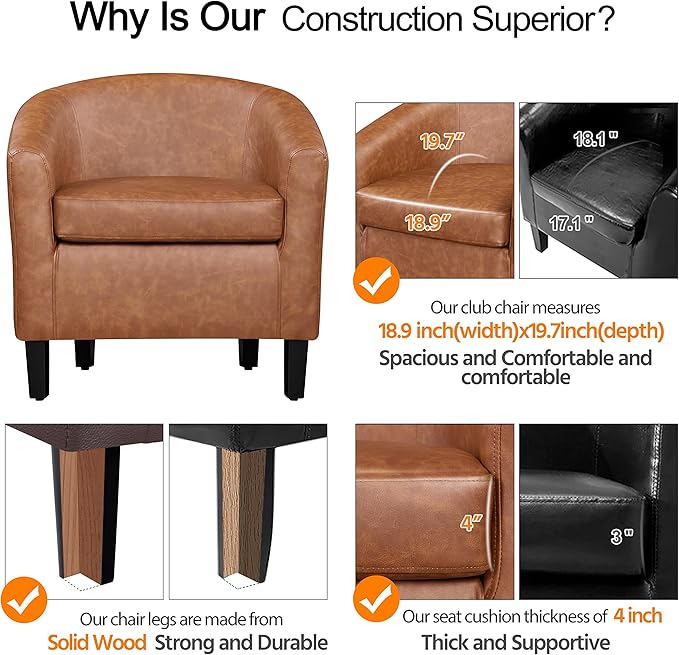 Yaheetech Leather Accent Chair, Faux Leather Armchair, Modern Barrel Club Chair with Soft Seat for Living Room Bedroom Reading Waiting Room, Brown