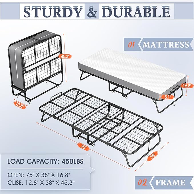 INTERGREAT Folding Bed with Mattress, 75" x 38" - 5" Thick Memory Foam Mattress, Twin Size Portable Beds for Adults, Metal Bed Frame on Wheels for Guest, Space Saving Roll Away Beds for Easy Storage