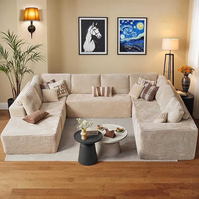 Weaxty Cloud Sectional Couch for Living Room, Oversized L Shaped Boneless Couches, Plush Corduroy Memory Foam Deep Seat Floor Sofa, No Assembly Required，Beige