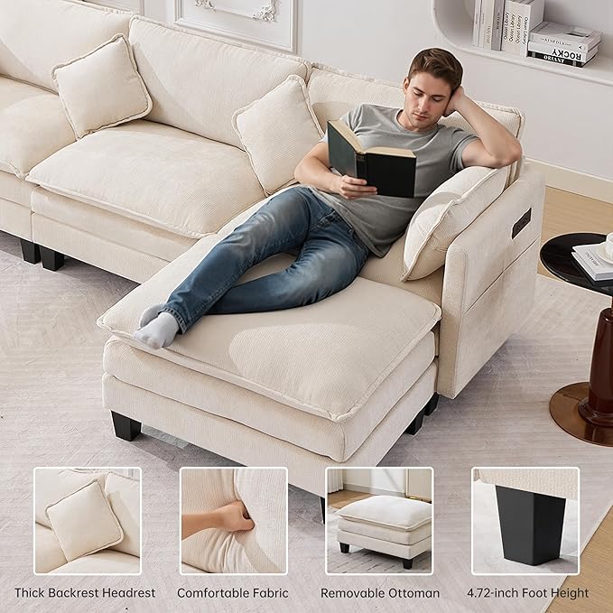 108" Modern L-Shaped Sectional Sofa with USB & Type-c Port Charger, Modular Cloud Couch, Deep Seating Chenille Fabric 4-Seater with Ottoman and Pillows for Living Room (Beige)