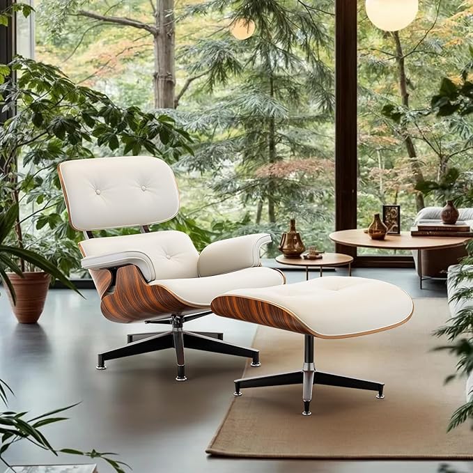 Top White PU Leather, Mid Century Chaise Lounge Chair and Ottoman, Modern Chair Classic Design, Palisander Wood, Heavy Duty Base Support for Living Room Office