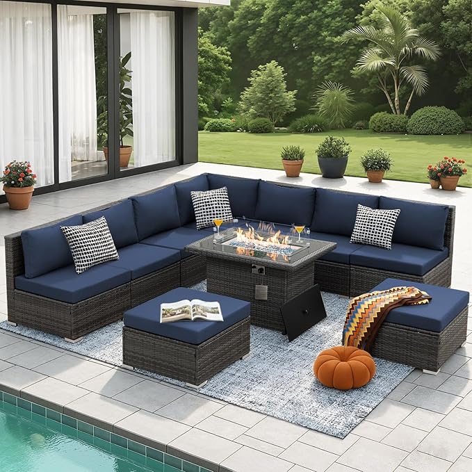 NICESOUL 10 Piece L-Shaped Outdoor Furniture Conversation with Fireplace Natural Gas/Propane, 29.3'' High Back Oversized Rattan Sofa Couch, Wide Deep Seated Patio Sectional, 2 Color Cushion Navy&Grey