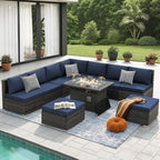 NICESOUL 10 Piece L-Shaped Outdoor Furniture Conversation with Fireplace Natural Gas/Propane, 29.3'' High Back Oversized Rattan Sofa Couch, Wide Deep Seated Patio Sectional, 2 Color Cushion Navy&Grey